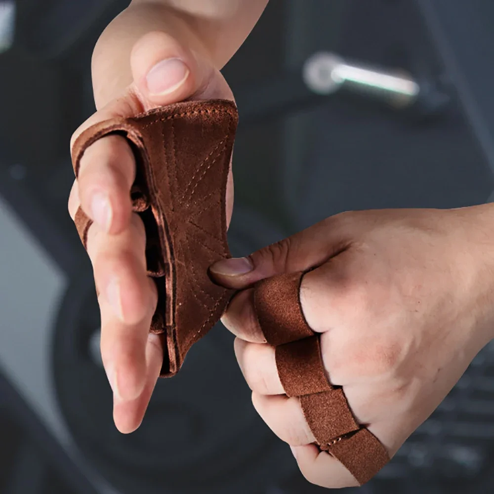1 Pair Cowhide Leather Gym Fitness Gloves Grips Anti-Skid Weight Lifting Guard Gloves Pads Dumbbell Pull Up Grip Palm Protection 2