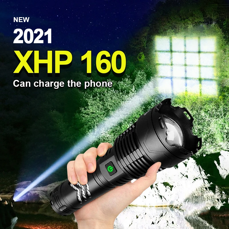 

Newest XHP160 Powerful LED Flashlight 26650 Usb Rechargeable Zoom Tactial Flashlight Lantern Camping Light Power bank
