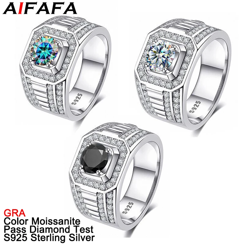 

AIFAFA 1 Carat Real Color Moissanite Man Rings Sparkling Lab Diamond Gemstone Wedding Band for Men S925 Sterling Silver Jewelry