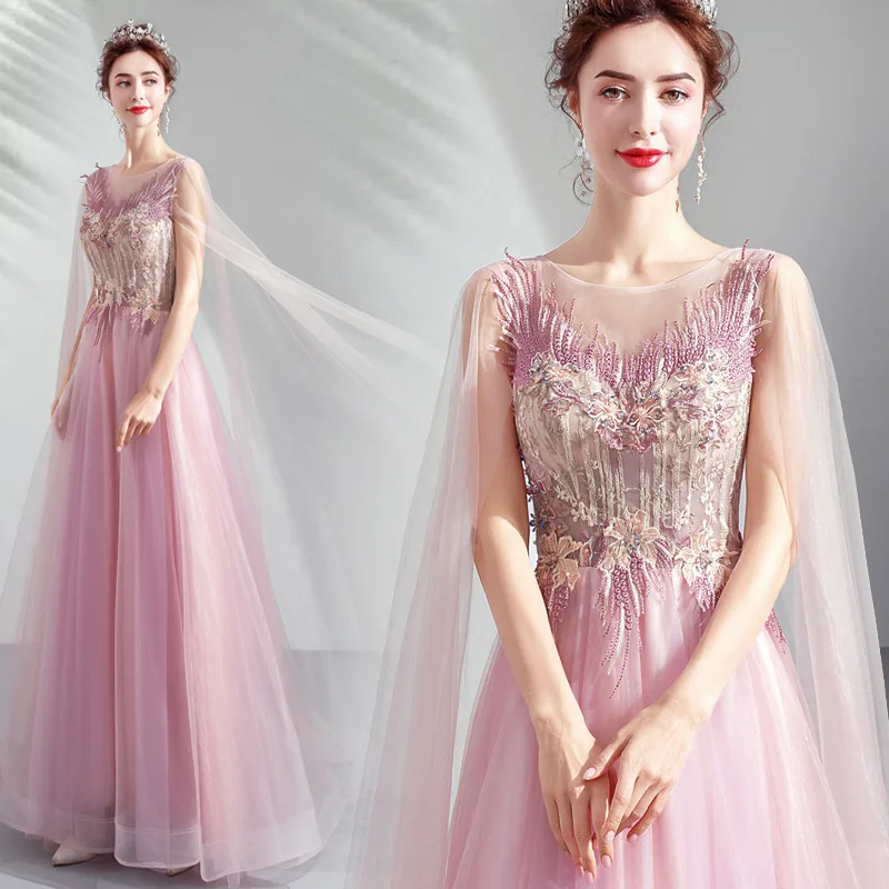

Pink Brides Toast Dress Elegant A-Line Tulle Embroidery Performance Gowns Temperament Floor-Length Wedding Evening Dresses
