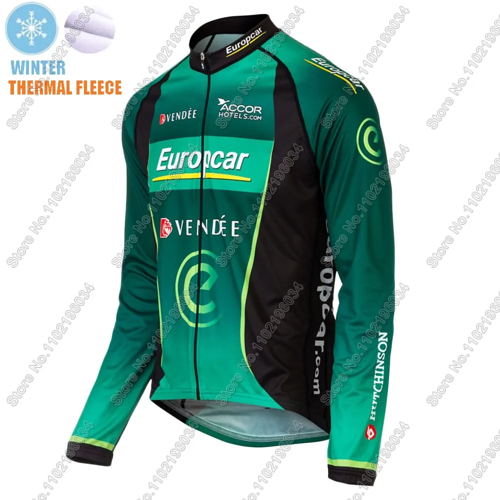 Winter Europcar Cycling Jersey Set Men Long Sleeve Green Thermal Fleece Clothing Suit MTB Bike Road Pants Bib Maillot