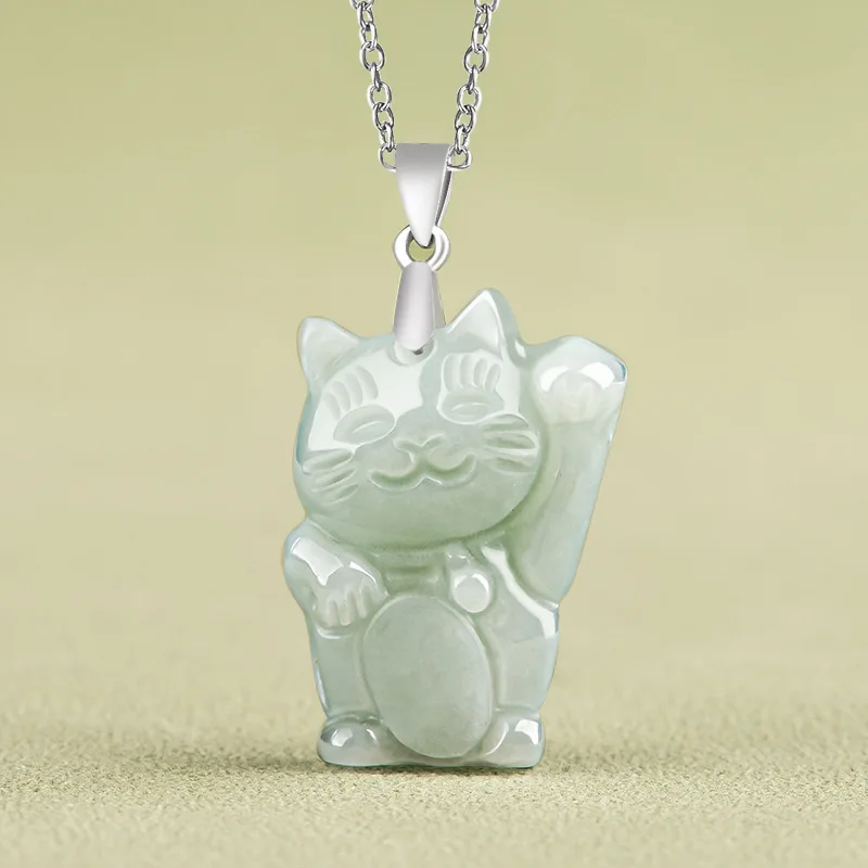 Natural Jade Wealth Cat Light Green Pendant Fashion Cute Women's Jewelry Necklace 925 sterling silver