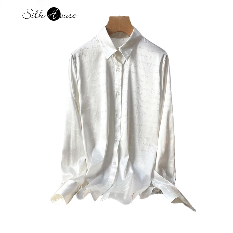 2024 Spring New Quality 93%Natural Mulberry Silk White Letter Elastic Jacquard Satin Dark Pattern Women's Fashion Commuter Shirt