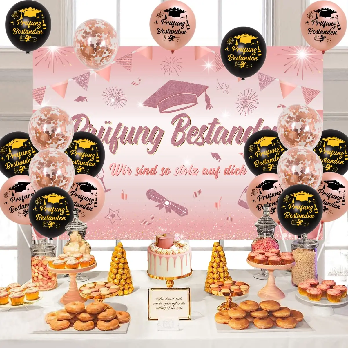 

Rose Gold Exam Passport Decorations Congratulations Decorations with Prüfung Bestanden Backdrop for High School Party Supplies