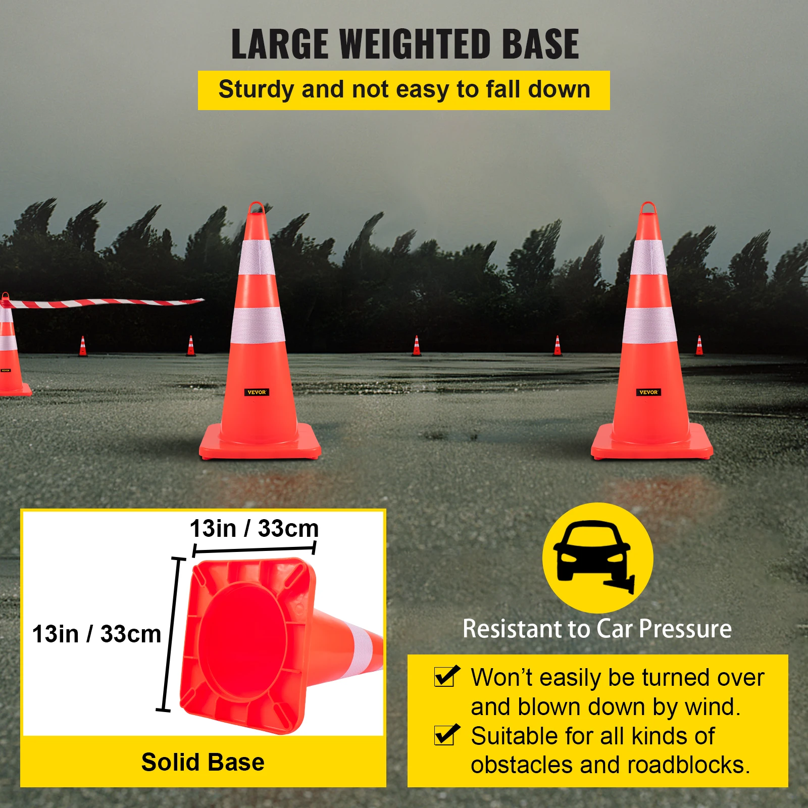 VEVOR Tools Safety Cones 12"x28" High Visibility PVC Orange Traffic Cones with Heavy-Duty Base and Used for Traffic Road Control