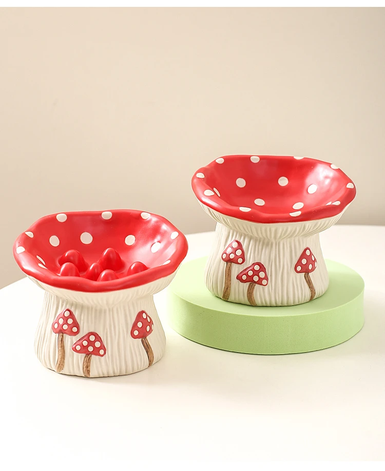 Cat Slow Feed Bowl Small Dogs Ceramic Food Water Bowls Elevated Pet Cute Mushroom Shaped Dishes for Cats - PeticaDeals