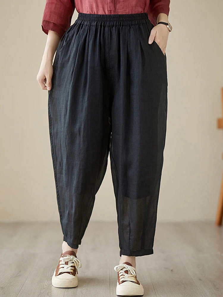 2023 New Summer Loose Pleated Radish Leggings Vintage Cropped Harem Pants Double Layers Thin Lantern Pants Pantalones De Mujer