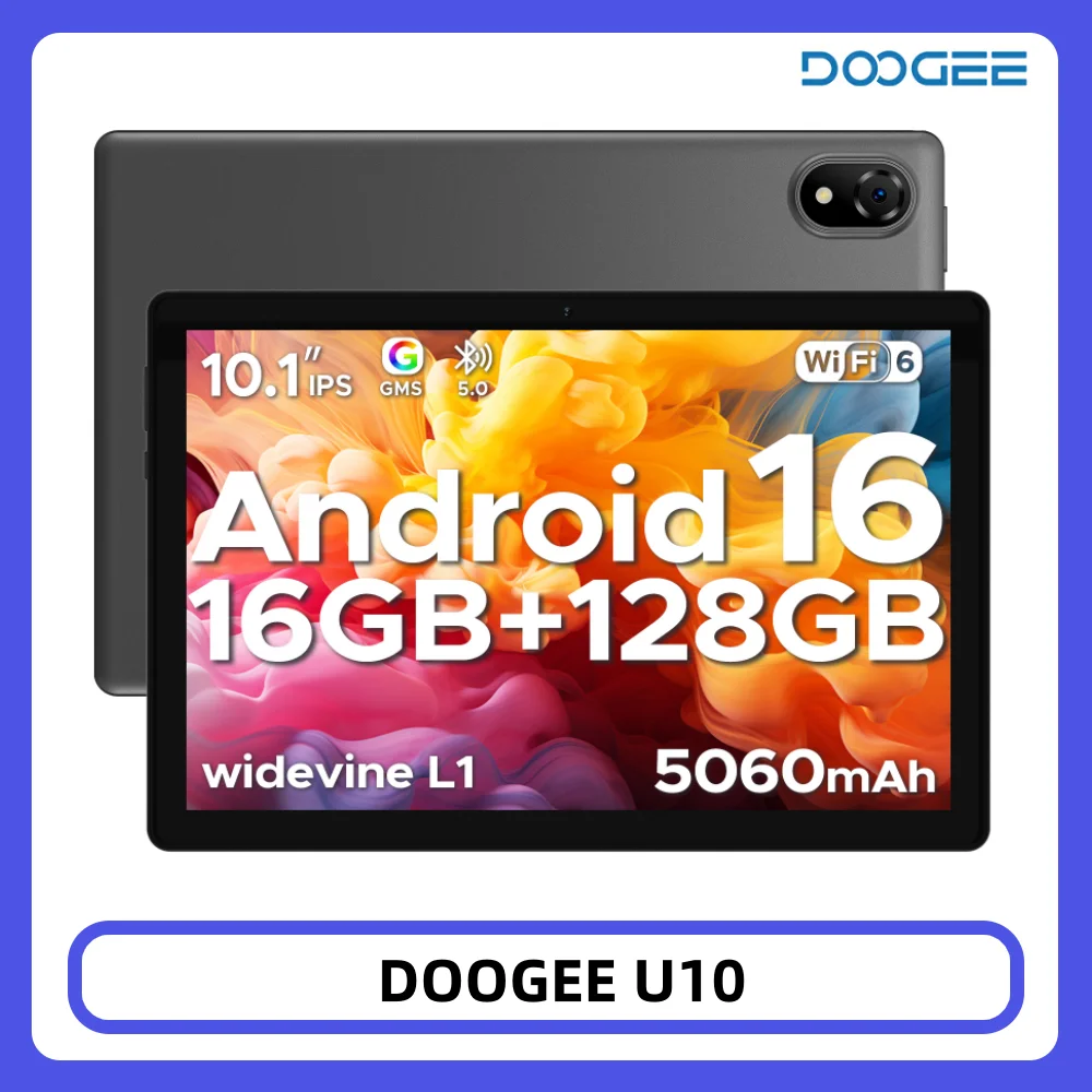 Tablette DOOGEE U10, écran HD 10,1 pouces, Android 16, 16 Go de RAM, 128 Go de ROM, batterie de 5060 mAh, Widevine L1, WiFi6, 8MP+5MP, tablette PC 1