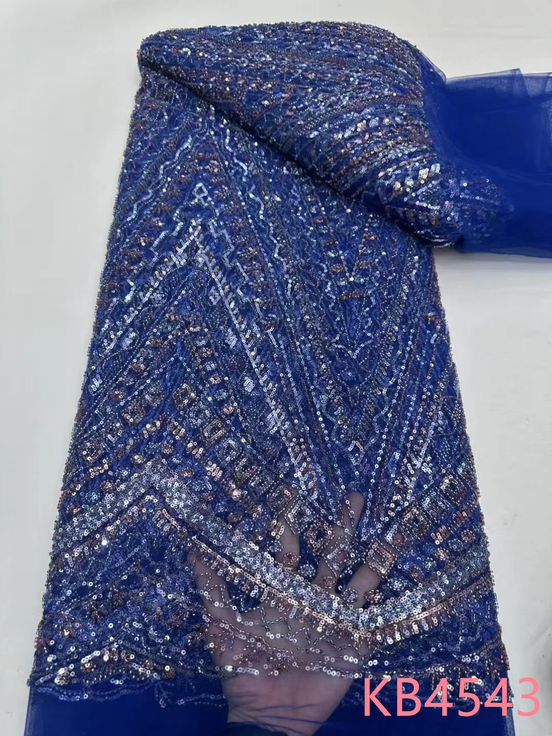 5 Yards Burnt Orange Beaded Lace Fabric African Fabric Lace High Quality Blue Sequence Tulle For Sewing KB4080