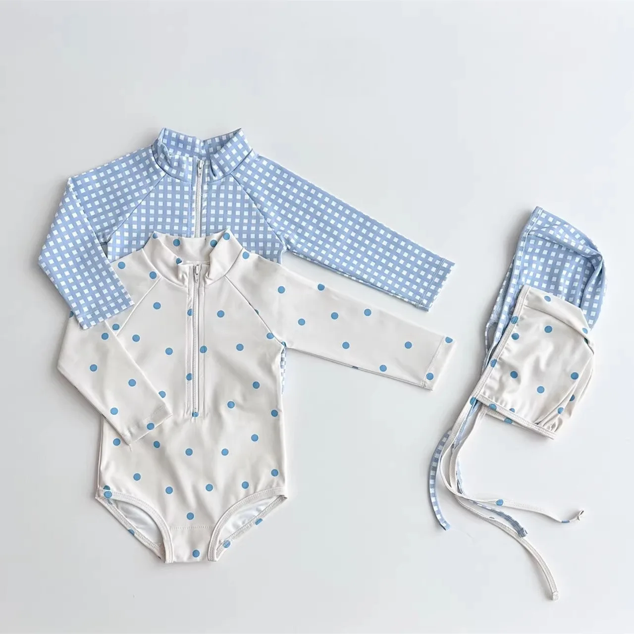 5428 Korean Baby Swimsuit 2025 Spring Summer New Boys and Girls Cute Printed Checkered Polka-dot Sun-proof One-piece Swimsuit 3