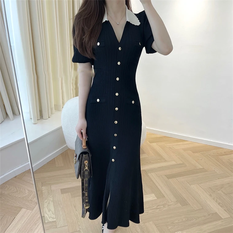 Autumn Elegant Knitted Dresses for Women Patchwork V-neck Puff Sleeve Single Breasted Midi Dress Fashion Ladies Vestidos Femme