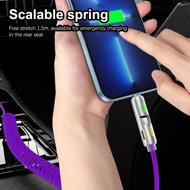 4 in 1 65W 스프링 데이터 케이블 USB C타입 스프링 텔레스코픽 고속 충전기 차량용 휴대폰 케이블, 카플레이 및 하이카 지원 (휴대폰/태블릿용)