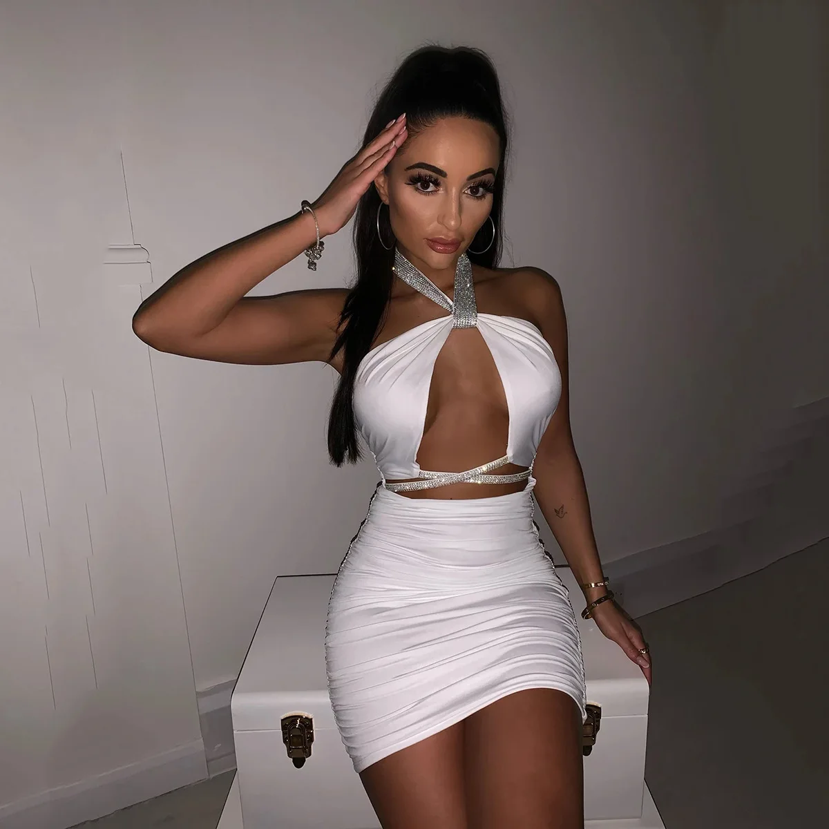 

SKMY Nightclub Dress New Women's Wear Neck Hanging Tight Sexy Bandage Cutout Solid color Backless Temperament Commuter Dress2023