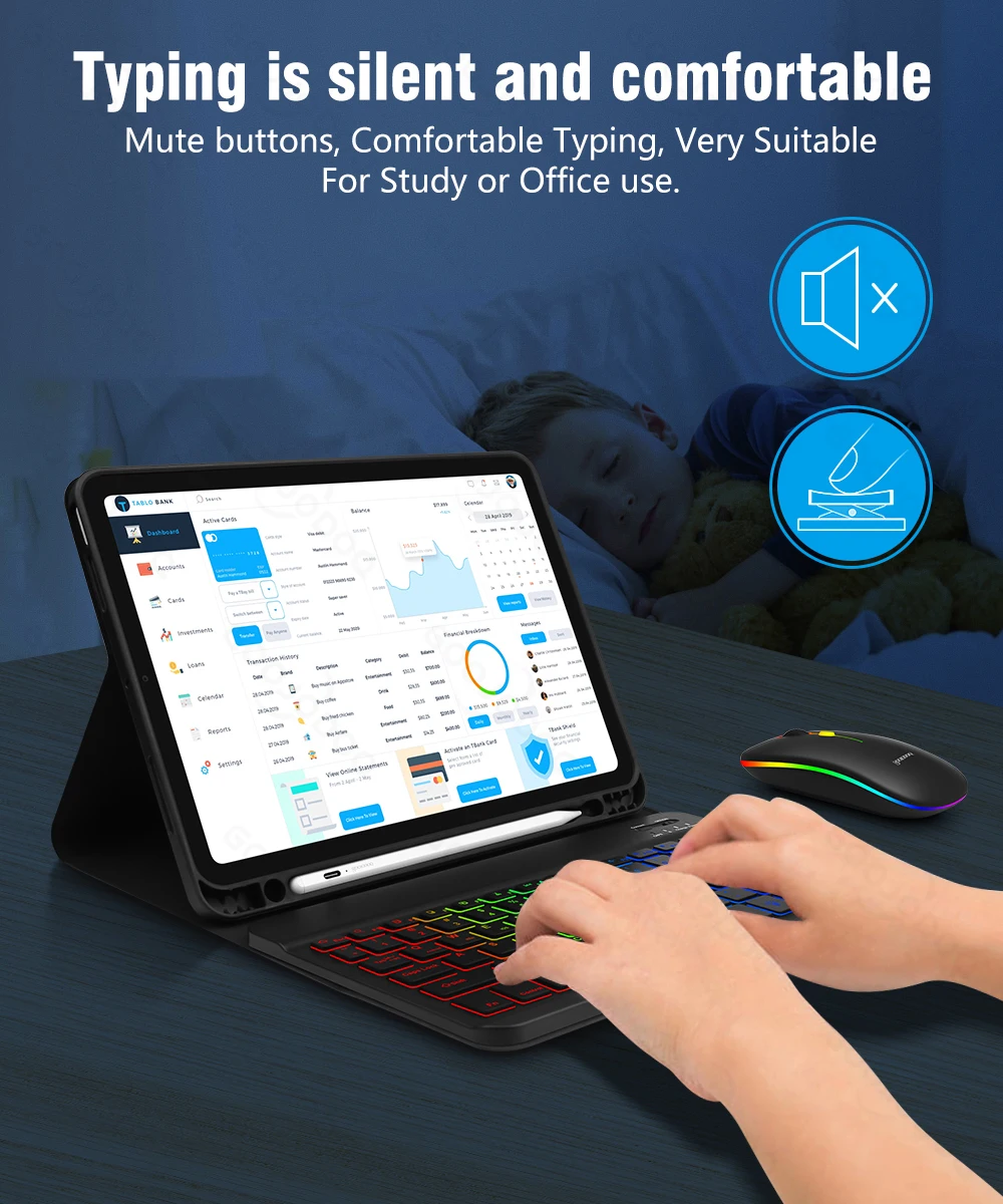 10inch Backlit For iPad Keyboard and Mouse Backlight Bluetooth Keyboard For IOS Android Windows Wireless and Mouse