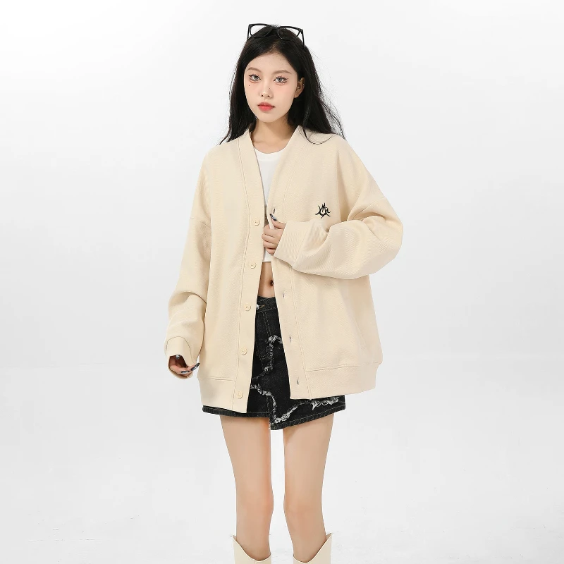 Hooded Sweatshirt Cardigan Women's Light-Colored Fashionable Loose Single-Breasted American V-neck SpringAutumn Long-Sleeved Top