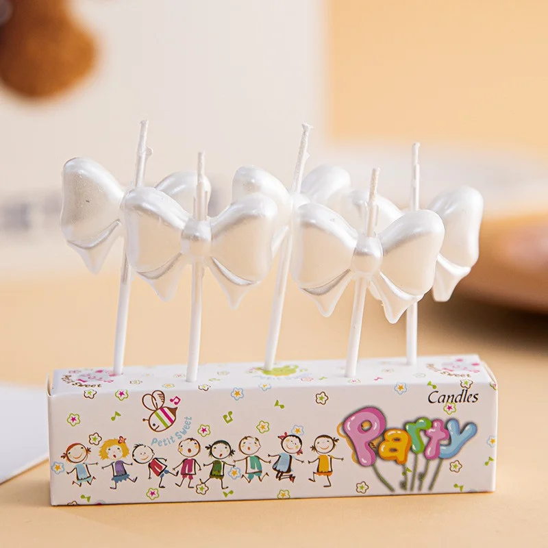 Pink Silver Bow Happy Birthday cake CandleCute Creative Princess Party Cake Decoration Girl Birthday Decoration