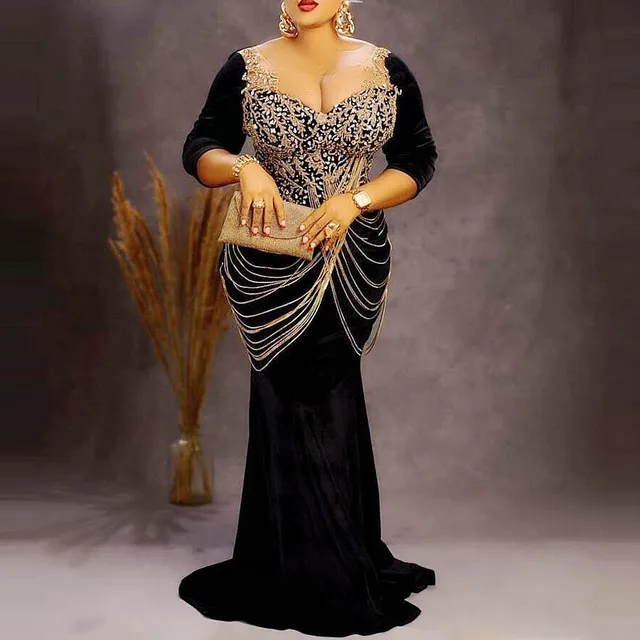 Tochi Velvet Half Sleeves Beads Mermaid  Evening Dress