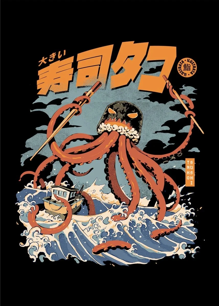 Vintage Japanese Kaijus Food Art Canvas: Sushi, Ramen, and Burgerzilla Poster