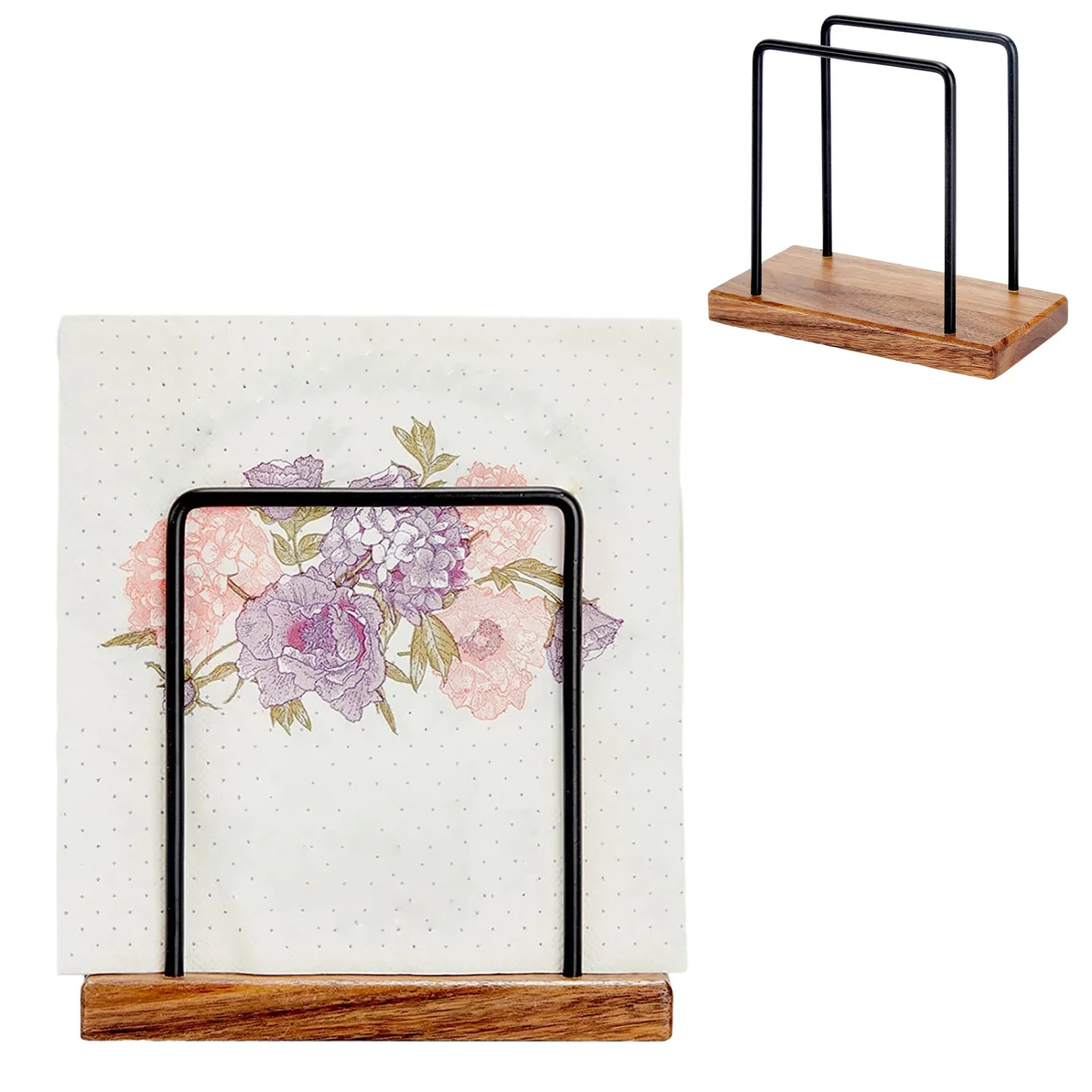 Living Room Dining Table Standing Matte Black Iron Napkin Holder Wooden Base Decor Restaurant Square Tissue Rack