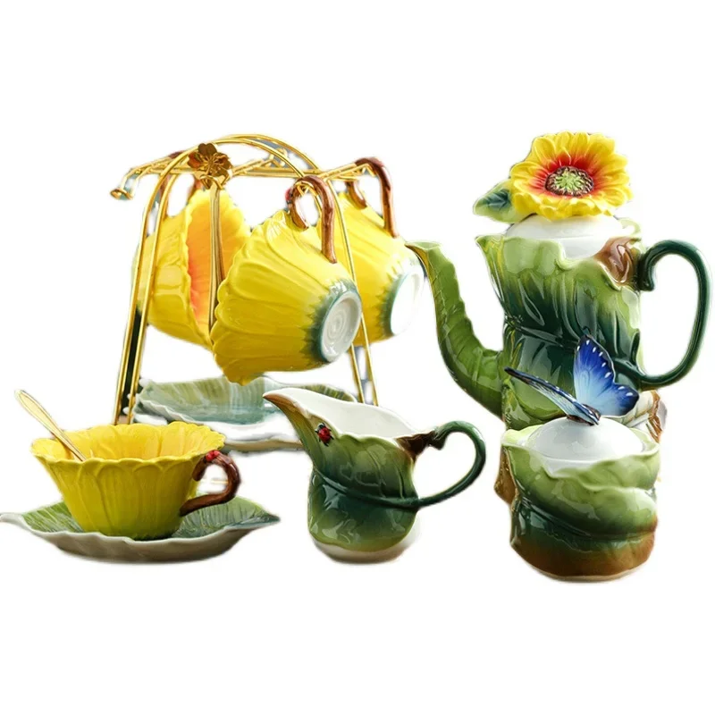 Enamel Craft Ceramic Tea Set Crockery Coffee Cup And Saucers Pastoral Flower Series Afternoontea Drinkware With Cups Holder
