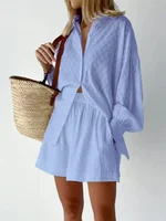 Casual Loose Women Short Two Piece Set Suit Fashion Blouse Long Sleeve Shirt Lady Simple Style Shorts Streetwear Blouse Tops - Image 5