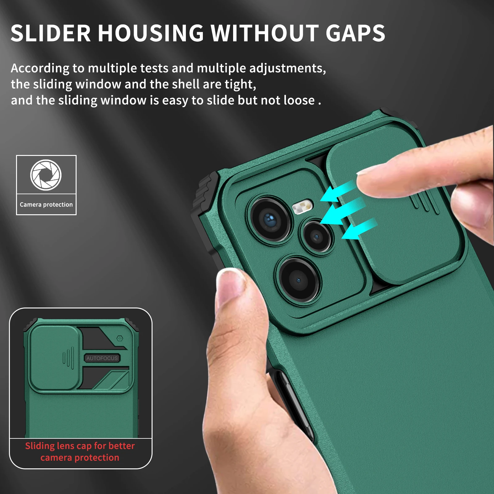 Durable Phone Case with Slide Camera Lens Protection and Stand