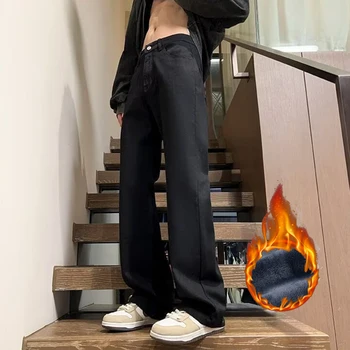 New Men Autumn Winter Warm Jeans Male Fleece Lined Thickened Casual Denim Pants Loose Straight Black Elasticity Trousers 1