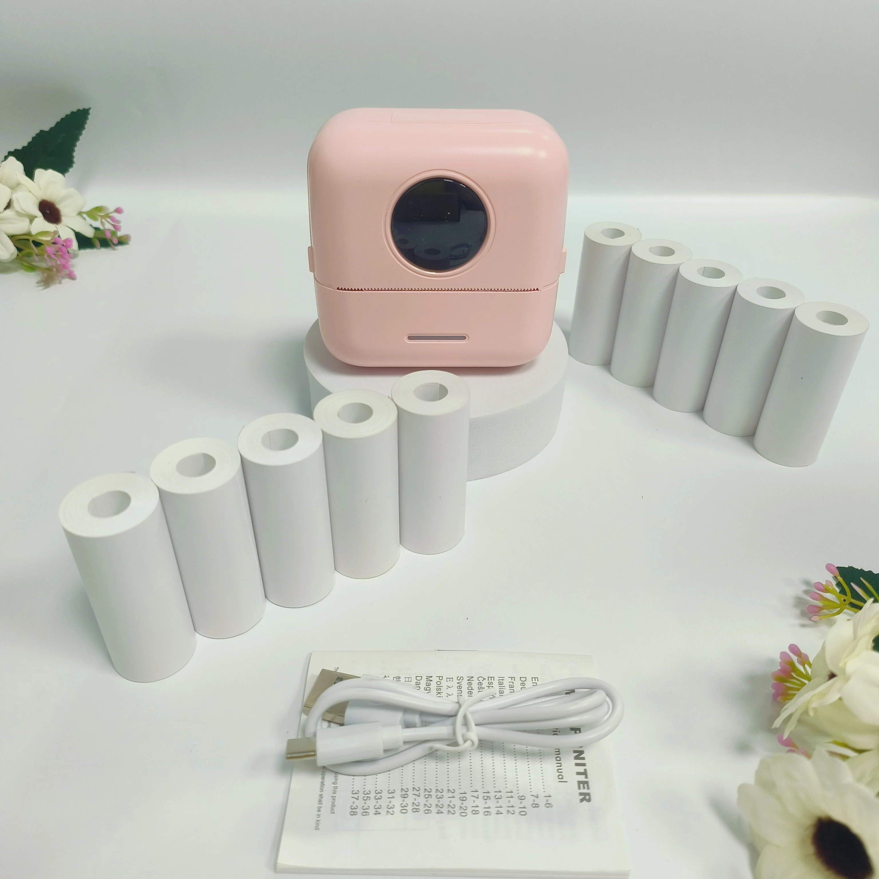 휴대용 미니 열전사 블루투스 프린터 (10개 용지 롤 포함), 내장형 충전식 배터리 및 잉크 없는 사진/라벨 인쇄 기능