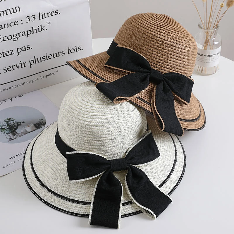 Spring And Summer Woven Straw Hat Women's Versatile Beach Big Edge Bow Sun Shield Hat Noble Style Sun Shield