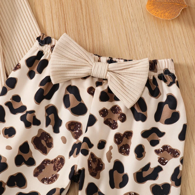 Citgeett Autumn Infant Baby Girls Jumpsuit Solid Color Ribbed Fly Sleeve Romper + Leopard Flare Pants Spring Clothes 5