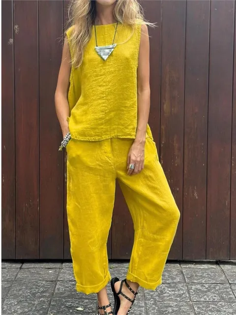 الربيع الصيف المرأة الدعاوى جديد بلون أكمام القطن الكتان بسيط جيب الموضة عادية السراويل الطويلة الإناث 2 قطعة مجموعة 2