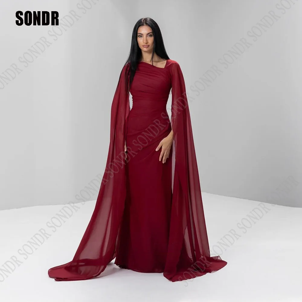 

SONDR Burgundy Long Chiffon Sheath Full Shiny Sleeves Saudi Arabia Prom Dresses Evening Dress Formal Women Wedding Party Gowns