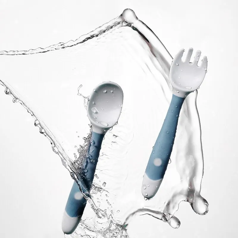 Couple Silicone Spoon Fork for Baby Utensils Set Auxiliary Food Toddler Learn To Eat Training Bendable Soft Fork Infant Tablewar
