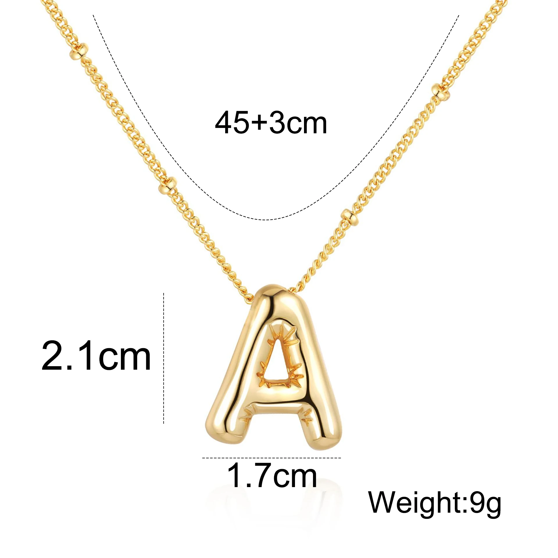 Collana con lettera a bolla, collana con lettera iniziale a bolla con catena di perline satellitari in oro 14k, collana a palloncino, collana con