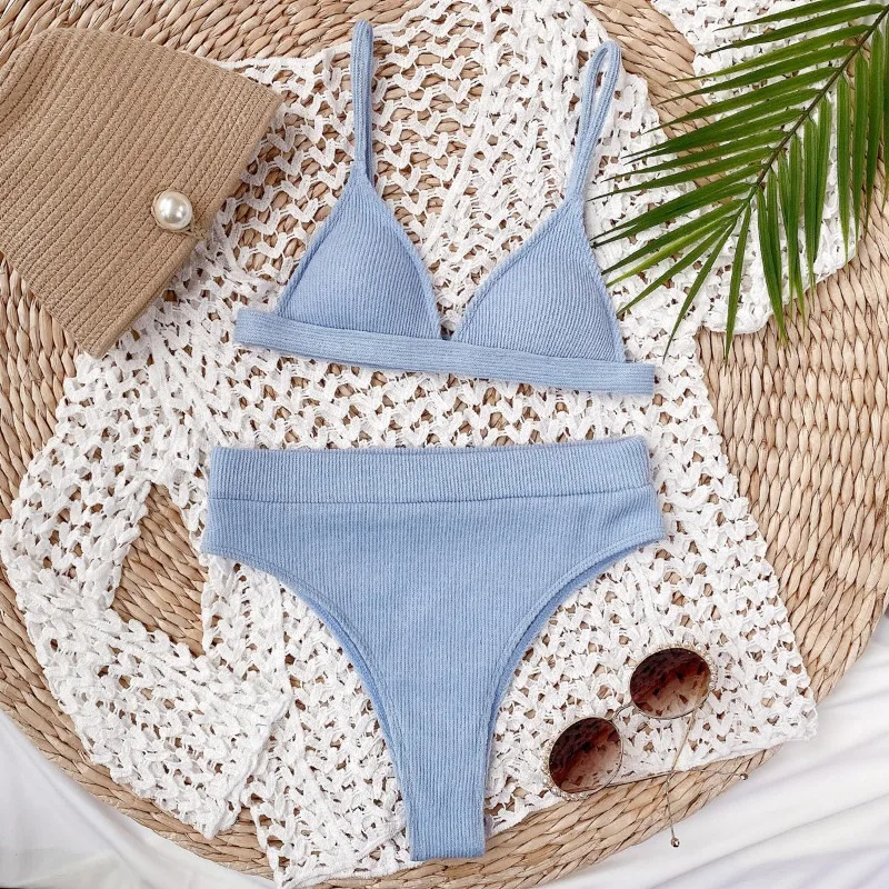 2024 Women High Waisted Swimsuit Sports Ribbed Bikini Set Adjustable Shoulder Strap Two Piece Swimsuit Swimwear