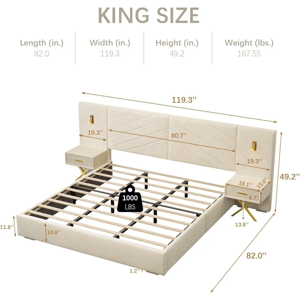 Luxurious King Platform Bed Frame, Velvet Upholstered Headboard with 2 Built-in Wall Sconces & Nightstands, Sturdy Metal & Solid 2