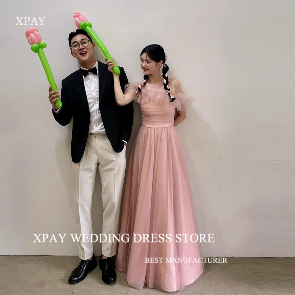 

XPAY Fairy Blush Pink Tulle Korea Evening Dresses Wedding Photo shoot Off the Shoulder Lace Up Back Prom Gowns Floor Length