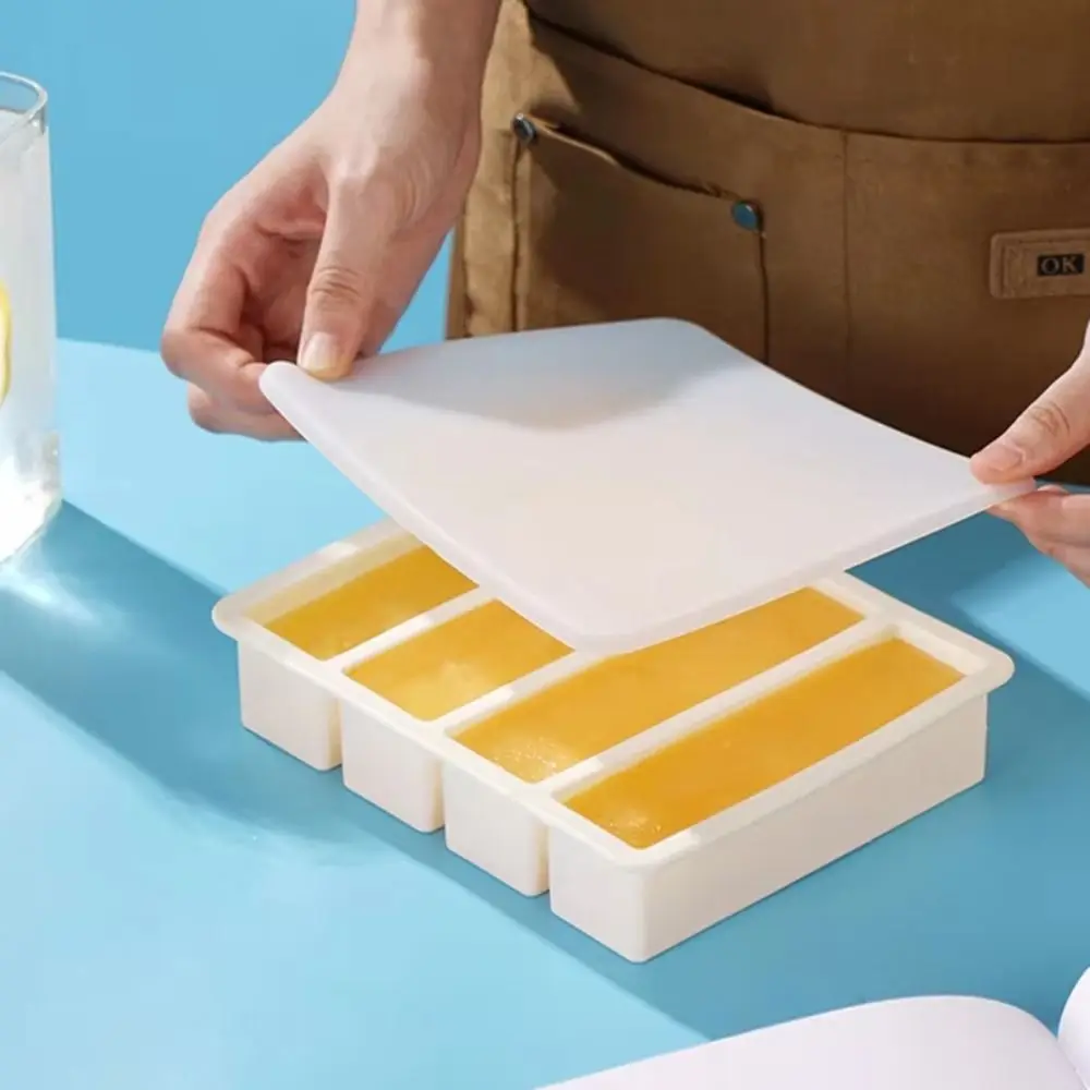 Durable 4 Grids Food Freezing Molds with Lid Extra Large Silicone Ice Mold Reusable Food Sauce Storage Freezer Trays