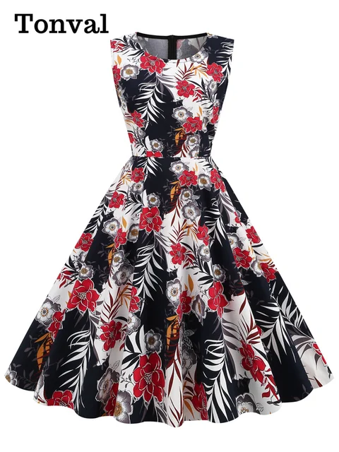 112749-000c46.jpg Tonval élégant années 50 Robe rétro vêtements Pinup été Robe florale col rond sans manches femmes coton Vintage imprimé robes