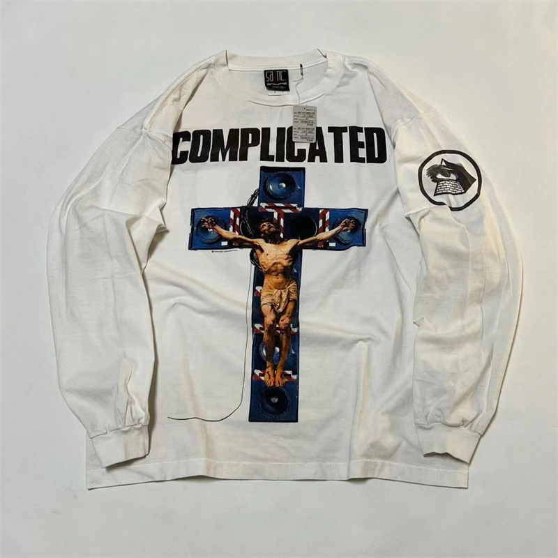 

Top Version Saint Michael Jesus Cross Print T Shirt Men Women 1:1 Best Quality Long Sleeve Washed T-shirt Tops Tee Fasion