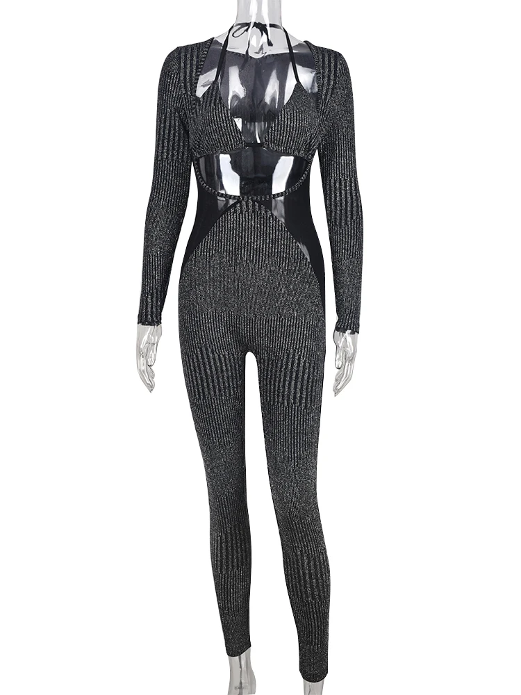 Sexy Low Cut Long Sleeve Glitter Jumpsuit Women Mesh Patchwork Fashion Streetwear Camisole Bodycon One Piece Rompers 2023 Summer
