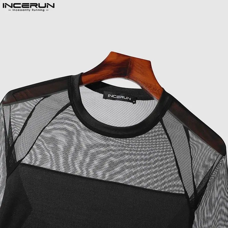 Men Bodysuits Men Bodysuits Mesh Patchwork O-neck Long Sleeve Sexy Rompers Male T Shirts Fitness Transparent Fashion Bodysuit INCERUN