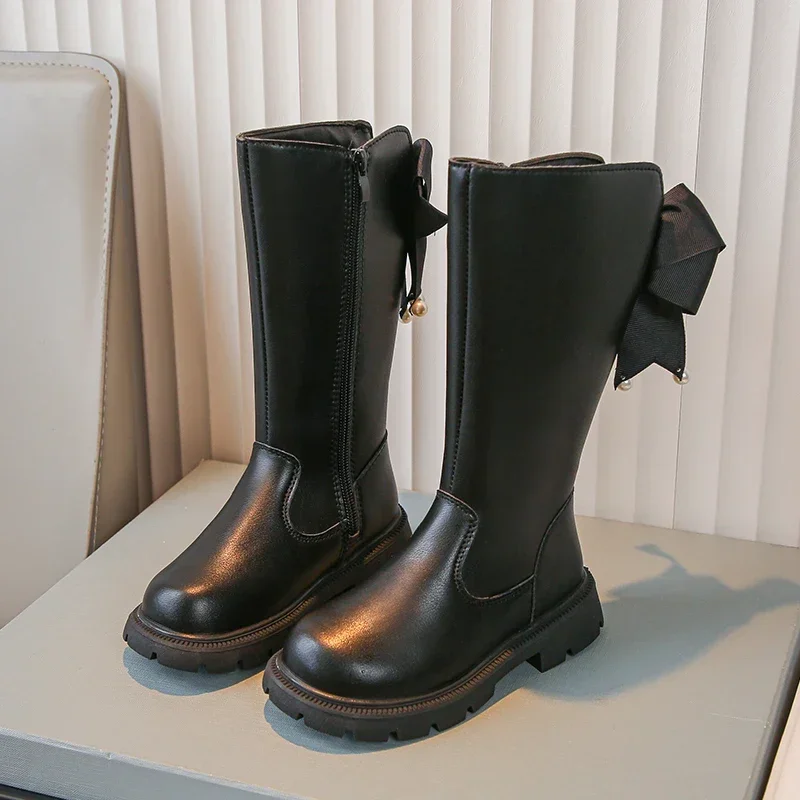 Girls Leather Boots Chic Bowtie Causal Long Boots