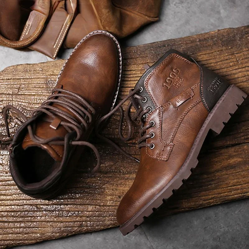 

Outdoor Military Boots Men Shoes Retro PU Leather Men's Ankle Boots Lace Up Motorcrycle Booties Lace Up Non Slip Casual Shoes