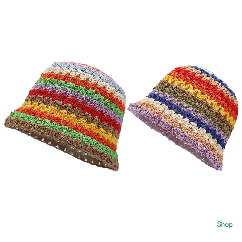 

Dropship Fashion Crochet Basin Hat Rainbow Color Fisherman Hat Summer Sunscreen Hat All-match for Men Women Couple