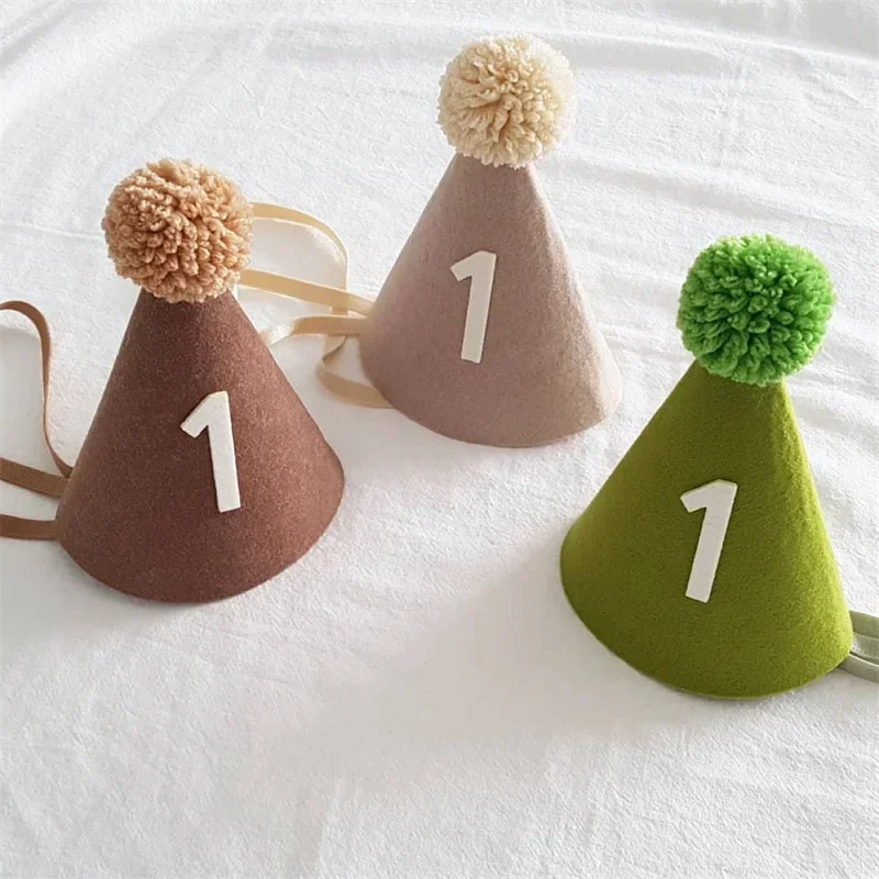 Children Birthday Felt Number Hat Baby Caps Mommy Daddy Crown Avocado Green Coffee Khaki Party Retro Hats Kids Photography Props