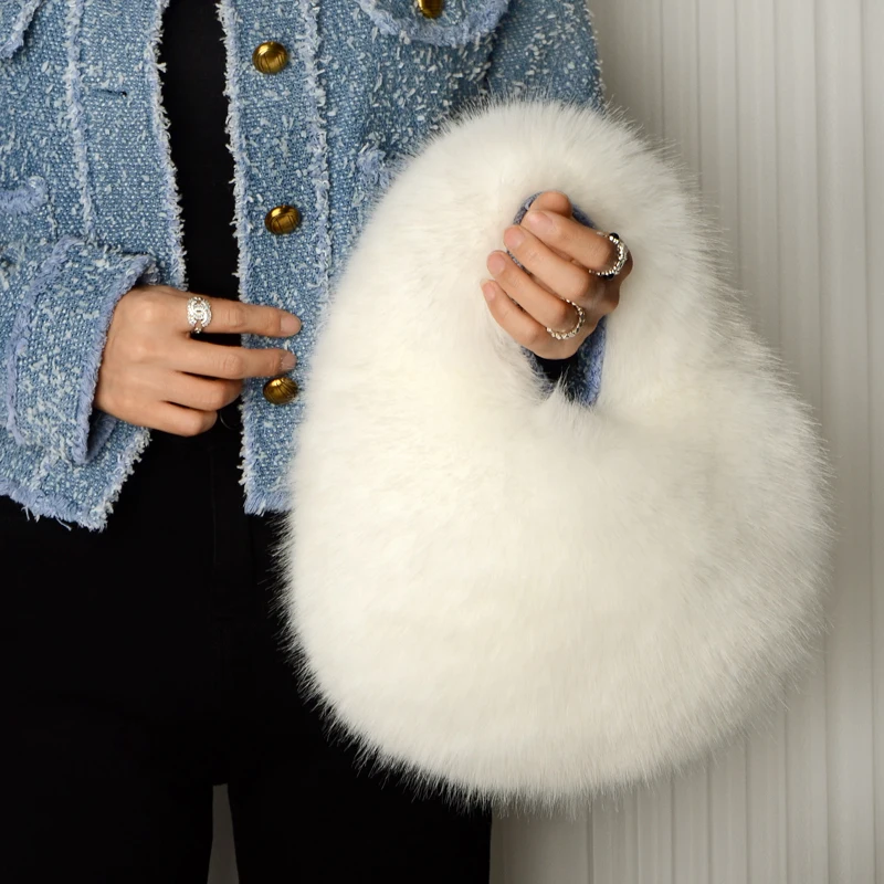 Women's Winter Casual Furry Shoulder Bag Soft Plush Solid Color Clutch Purse Lightweight Female Hobos Handbag
