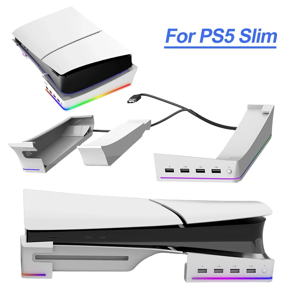 PS5 슬림 수평 거치대 디스플레이 도크 브래킷 베이스 스탠드, 4 USB 포트 허브 디스크 버전 콘솔 액세서리