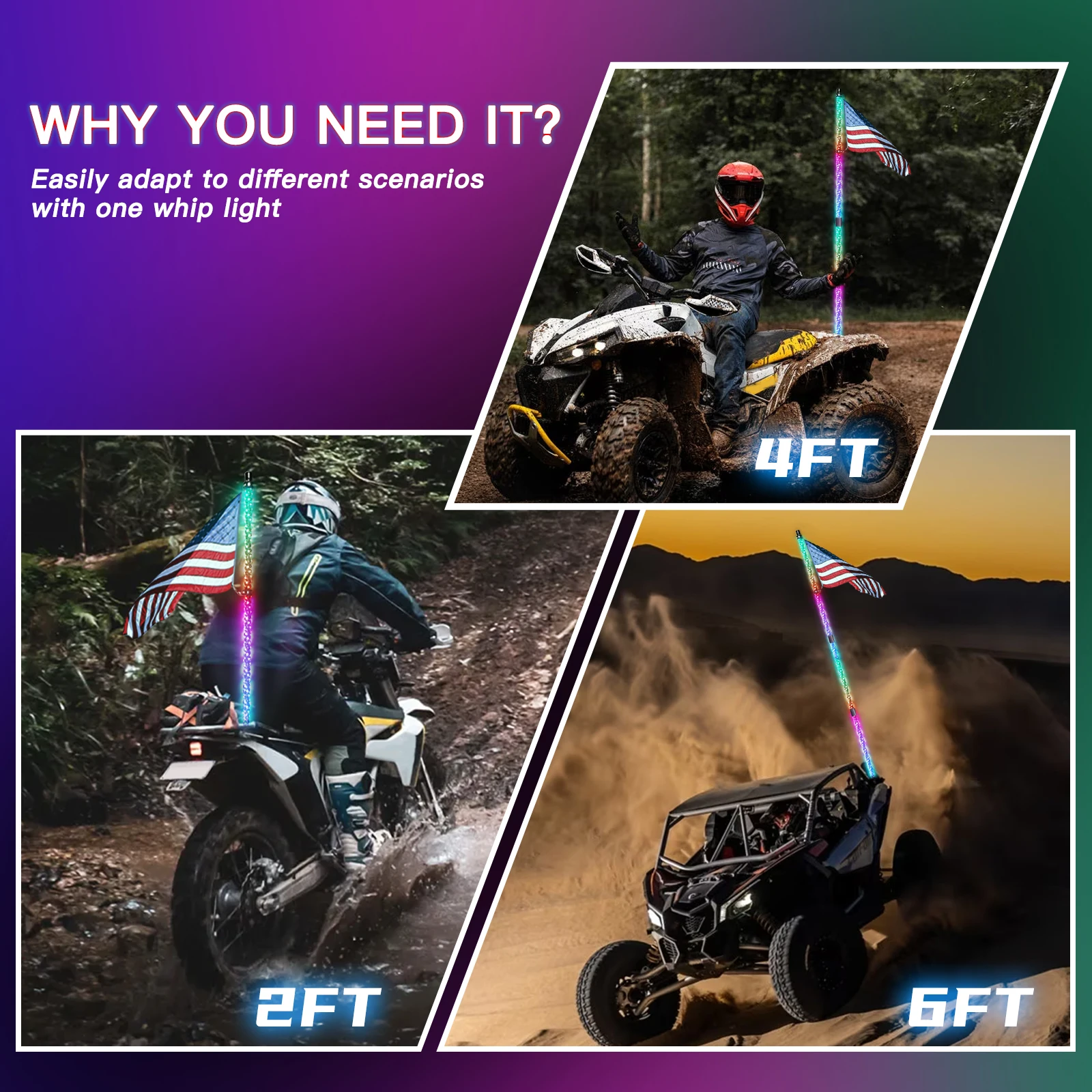 BEVINSEE 6FT LED RGB Whip Light Remote Control For ATV UTV Off-road Ve