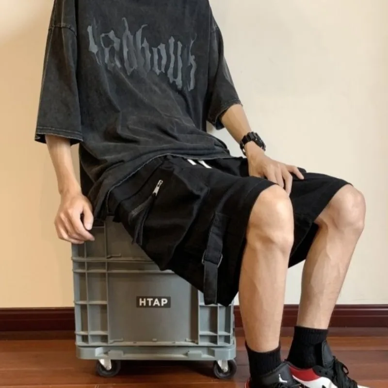 【BINARY01】★Bermuda Half Cargo Pants 25SS 韓国発★ Baggy Mens Half Cargo Shorts Black with Zipper Short Pants